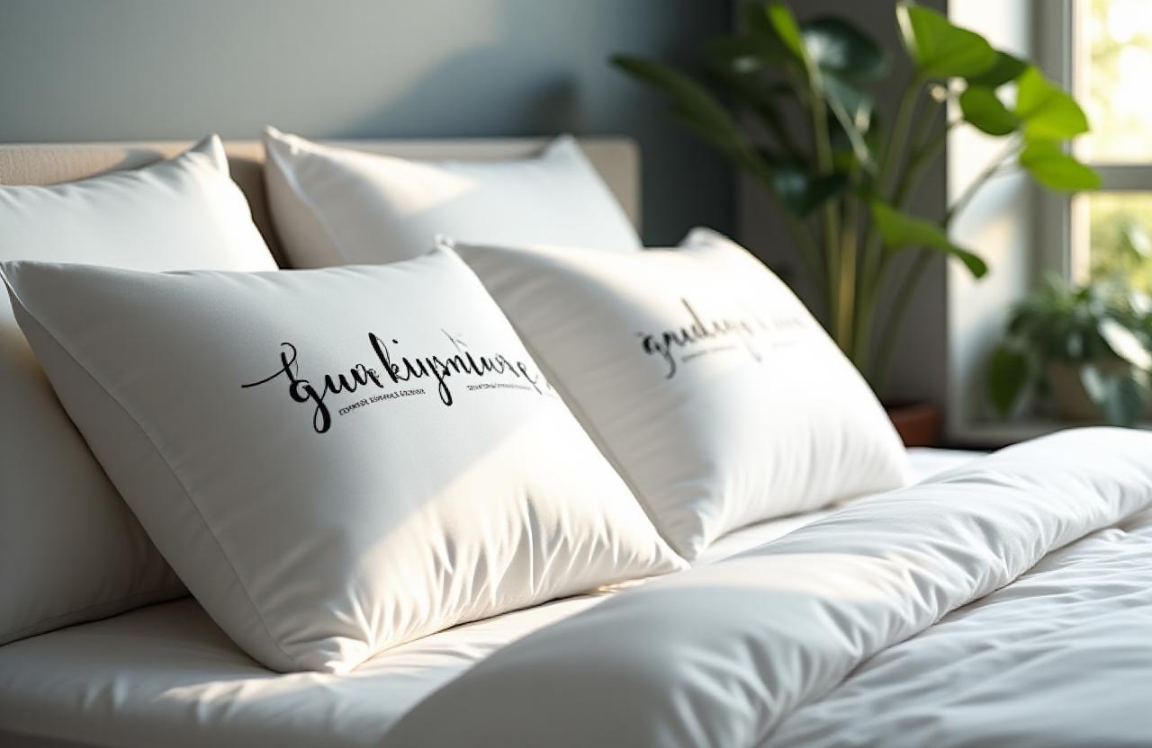 Artistic display of custom calligraphy pillows in a cozy bedroom setting