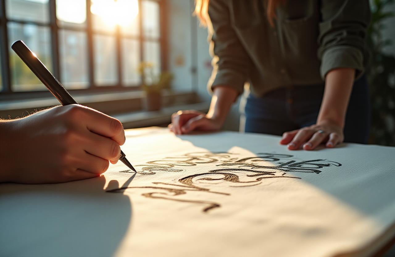 Founder of Scripted Slumber sketching calligraphy designs in the New York studio