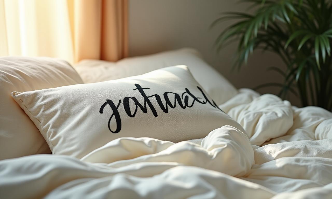 Luxury calligraphy pillow on a soft linen bed