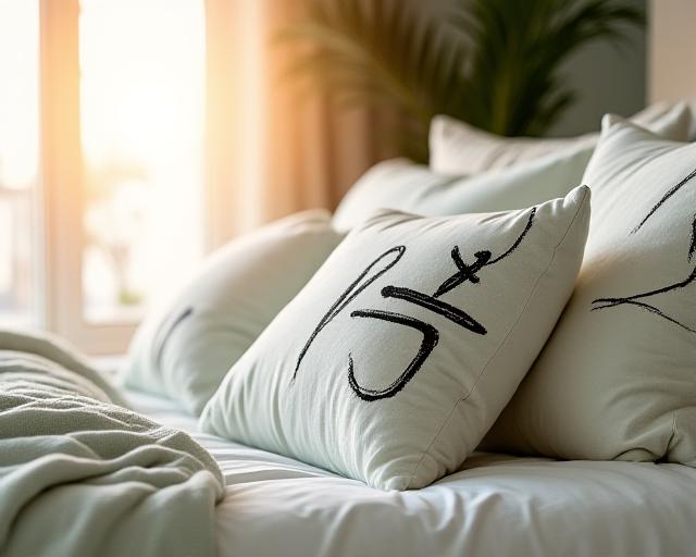 A cozy bedroom setting with beautiful calligraphy pillows